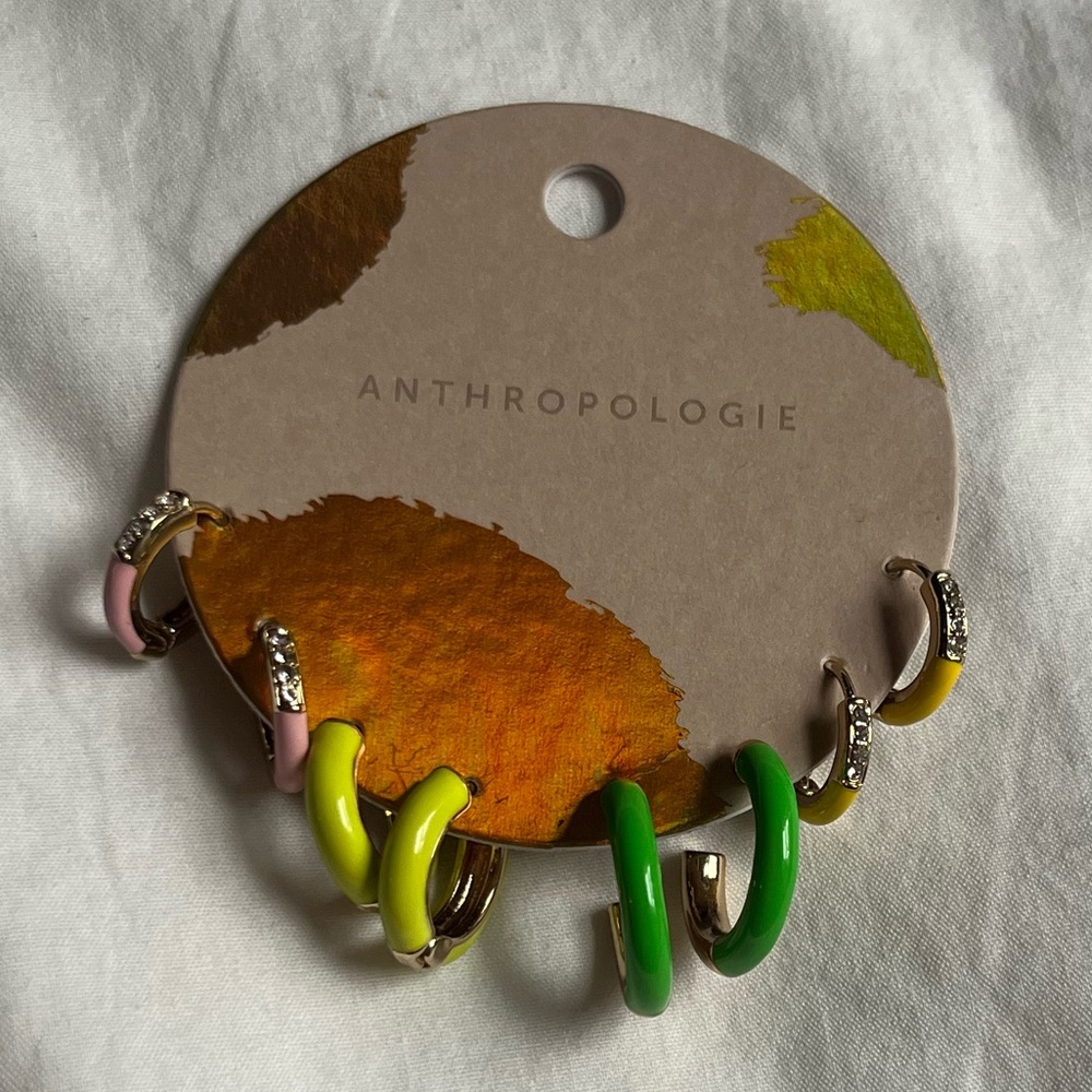 NWT Anthropologie Set of Four Pave Huggie Hoop Earrings Green, Yellow, Pink